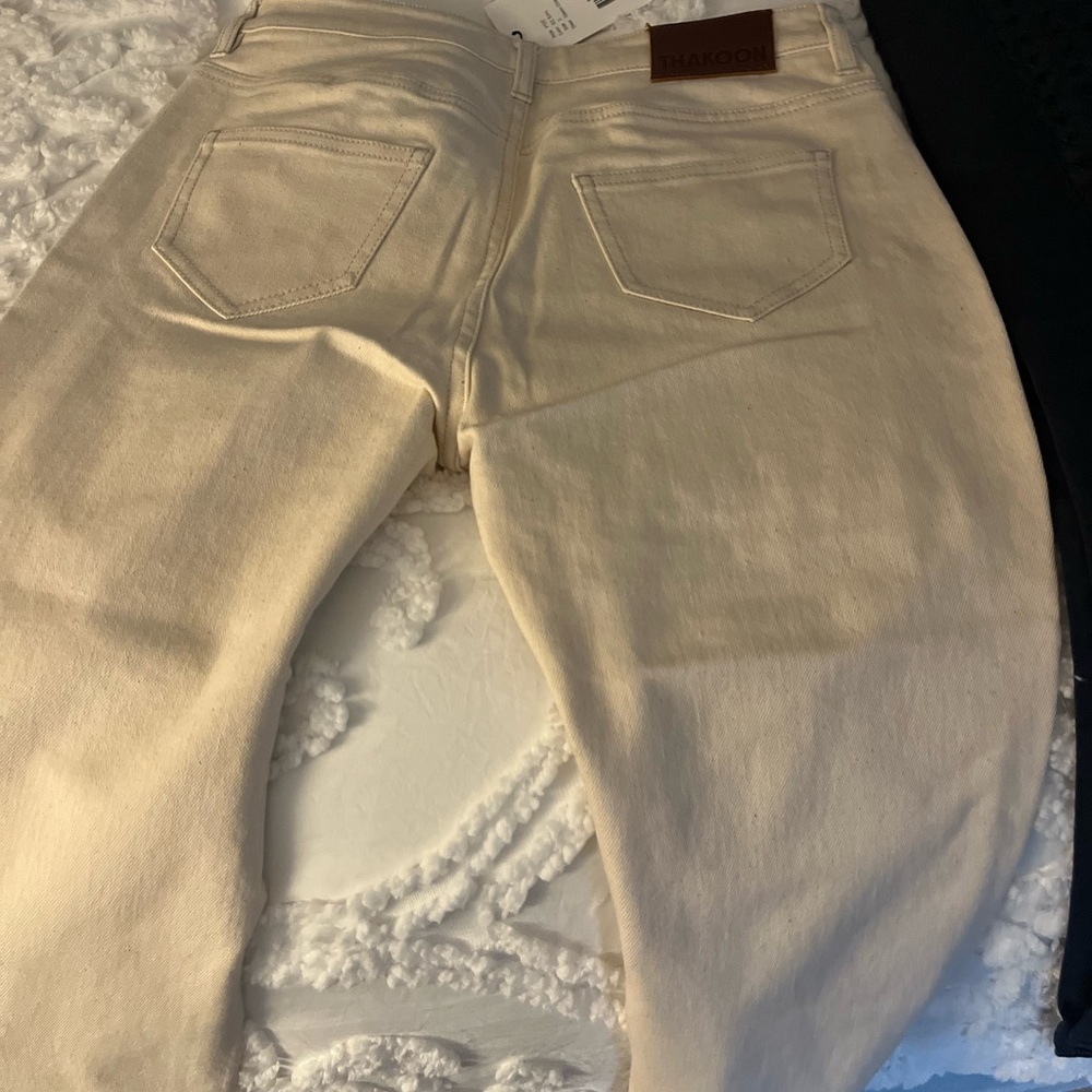Thakoon Cream Straight Leg Jeans with Distressed Details
